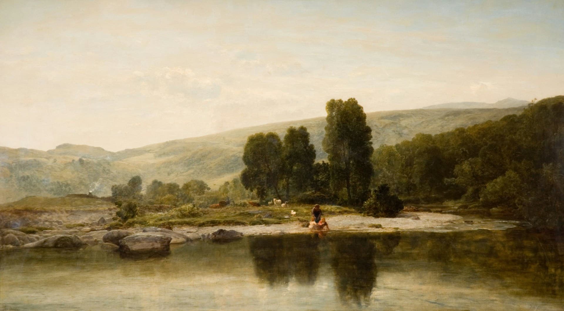 Pastoral landscape with a river, figures at the water’s edge, and wooded hills, 1885, by Thomas Danby